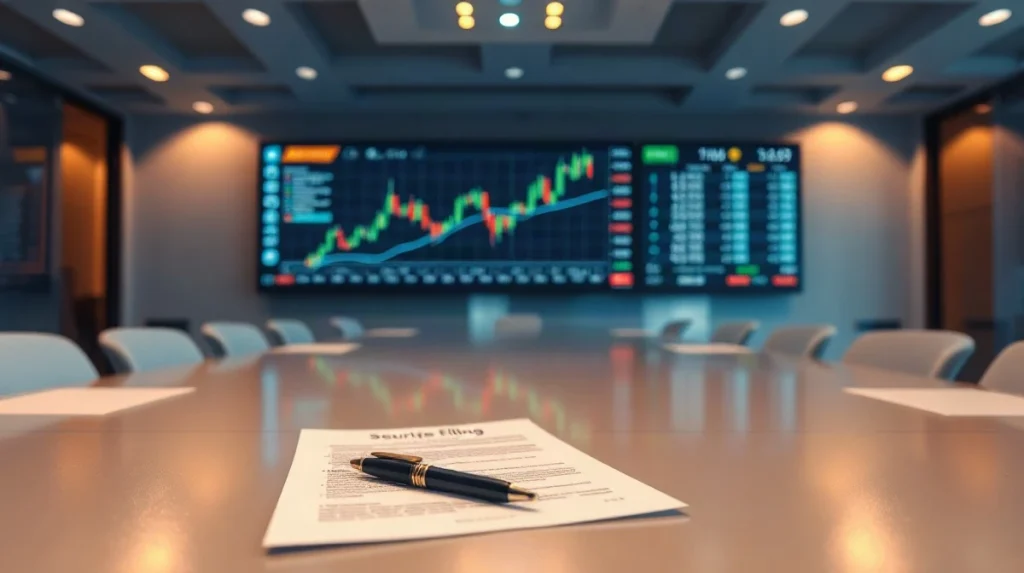 Trading floor with stablecoin chart and a printed securities filing on a conference table.