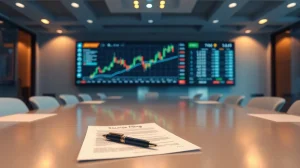Trading floor with stablecoin chart and a printed securities filing on a conference table.
