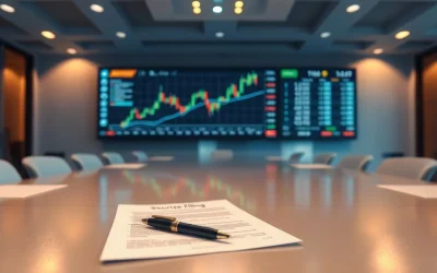 Trading floor with stablecoin chart and a printed securities filing on a conference table.