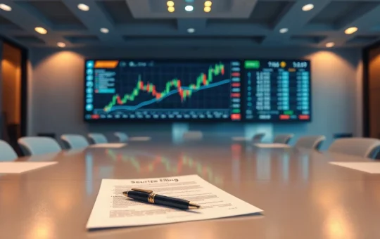 Trading floor with stablecoin chart and a printed securities filing on a conference table.