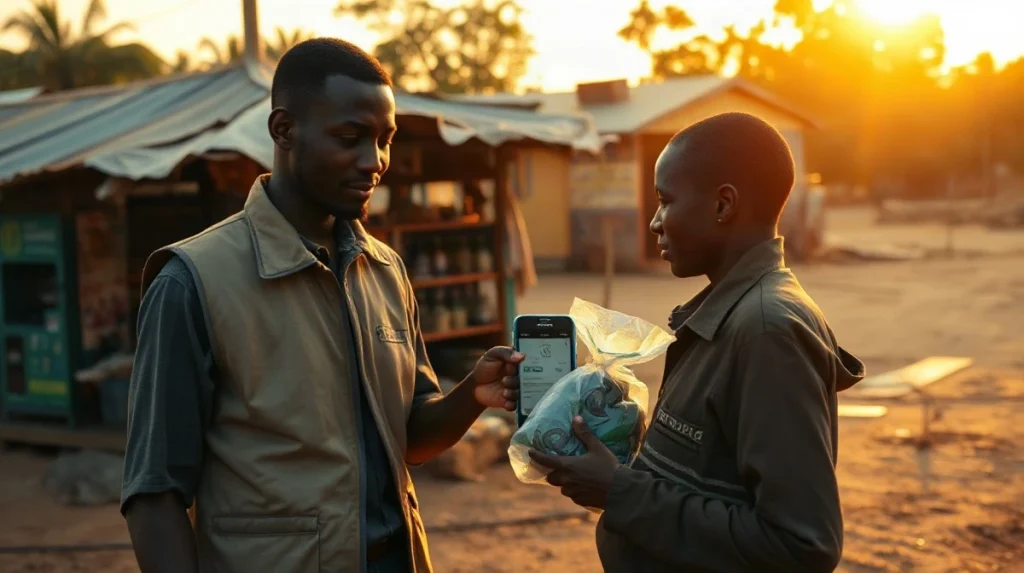 Aid worker holds a smartphone showing a payment confirmation at a rural distribution point