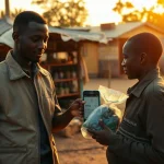 Aid worker holds a smartphone showing a payment confirmation at a rural distribution point