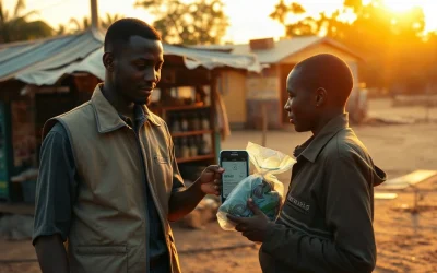Aid worker holds a smartphone showing a payment confirmation at a rural distribution point