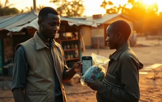Aid worker holds a smartphone showing a payment confirmation at a rural distribution point