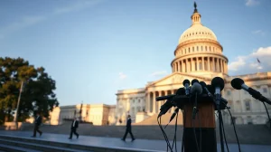US Capitol with press microphones on the steps ahead of the Senate vote on the CLARITY Act crypto market structure bill