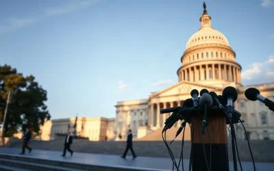 US Capitol with press microphones on the steps ahead of the Senate vote on the CLARITY Act crypto market structure bill