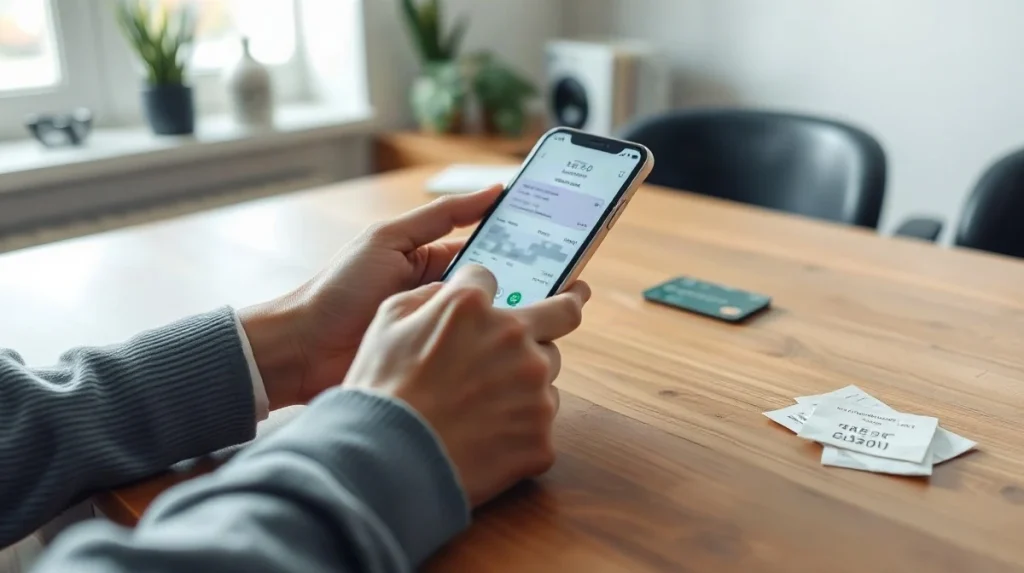 Person completing a crypto payment on a smartphone at a home desk, illustrating everyday operational use of digital assets