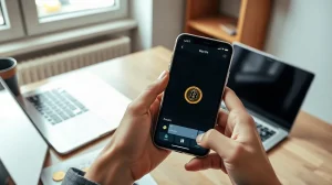 Hands holding a smartphone with a Bitcoin symbol on the screen next to a physical Bitcoin coin on a desk.