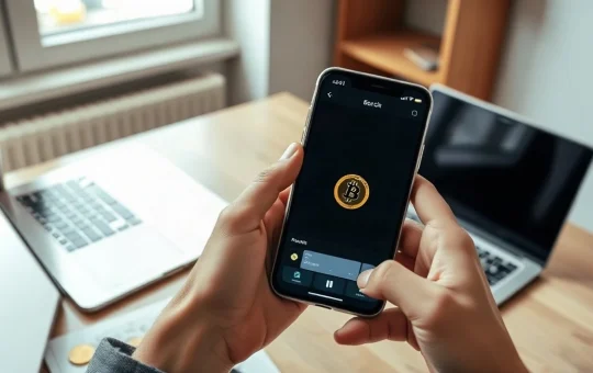 Hands holding a smartphone with a Bitcoin symbol on the screen next to a physical Bitcoin coin on a desk.