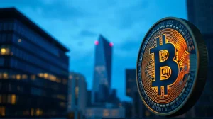 Bitcoin coin in foreground with financial district skyline at dusk, symbolizing crypto market rally