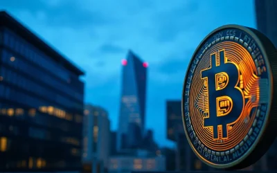 Bitcoin coin in foreground with financial district skyline at dusk, symbolizing crypto market rally