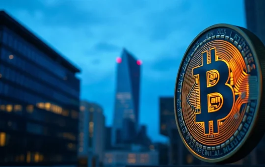 Bitcoin coin in foreground with financial district skyline at dusk, symbolizing crypto market rally