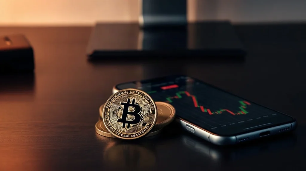 Bitcoin and Dogecoin coins on a desk next to a smartphone showing a candlestick chart.