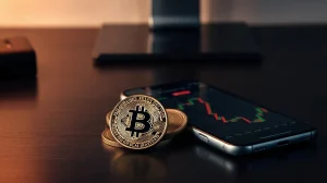 Bitcoin and Dogecoin coins on a desk next to a smartphone showing a candlestick chart.