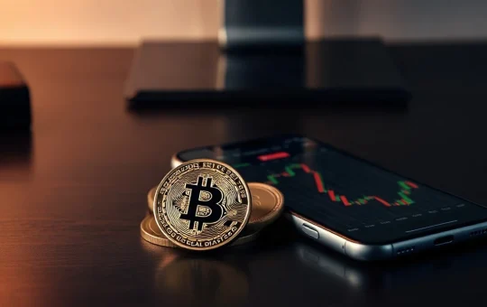 Bitcoin and Dogecoin coins on a desk next to a smartphone showing a candlestick chart.