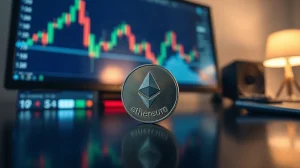 Ethereum coin on a desk in front of a blurred trading chart showing a flat price plateau