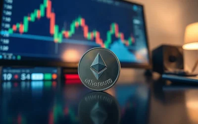 Ethereum coin on a desk in front of a blurred trading chart showing a flat price plateau