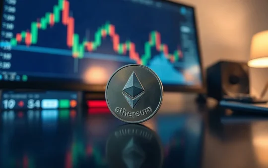 Ethereum coin on a desk in front of a blurred trading chart showing a flat price plateau