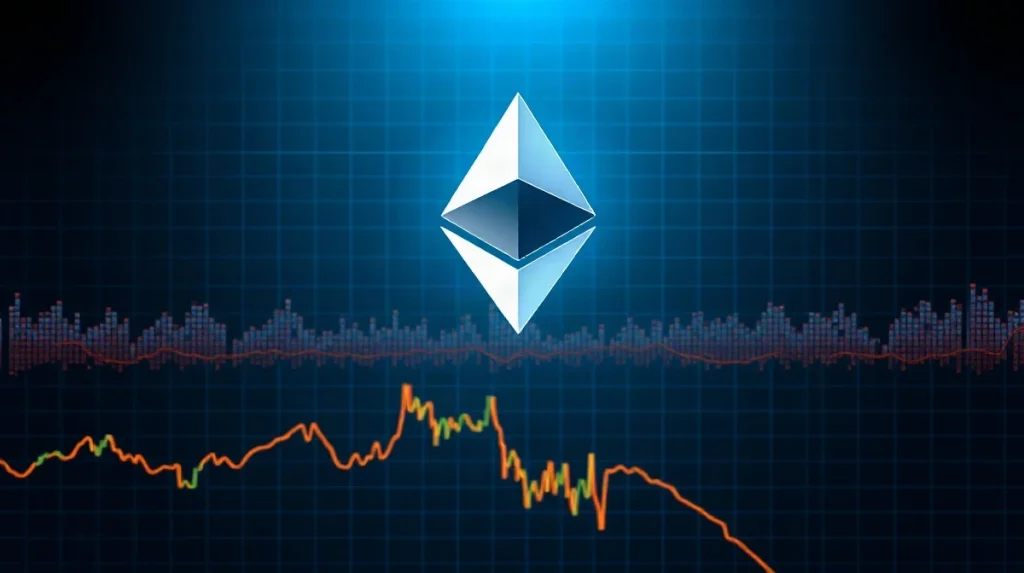 Ethereum logo above a stock chart showing a potential price reversal, representing bearish sentiment and a possible rebound.