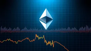 Ethereum logo above a stock chart showing a potential price reversal, representing bearish sentiment and a possible rebound.