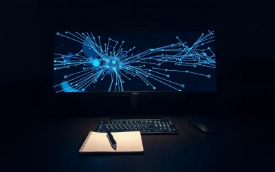 Monitor showing a glowing parallel node network in a dark office at night