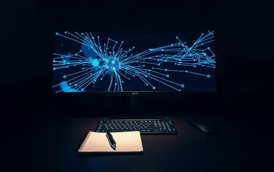 Monitor showing a glowing parallel node network in a dark office at night