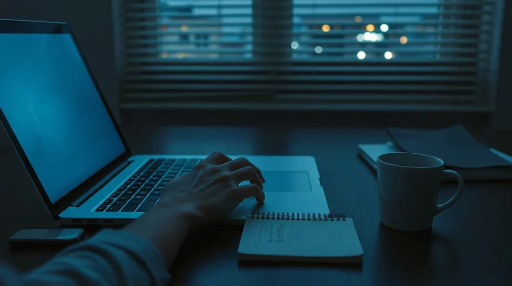 Hands typing on a laptop keyboard in a dim room, representing an Ethereum whale selling coins on-chain