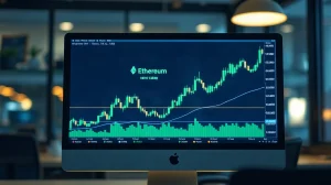 Ethereum price chart showing bullish breakout above $2,370 on a monitor in a trading office