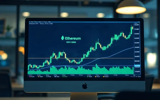 Ethereum price chart showing bullish breakout above $2,370 on a monitor in a trading office