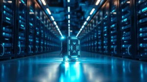 Illuminated server room with a glowing quantum computing component in the foreground, representing quantum threats to blockchain cryptography