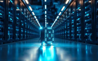 Illuminated server room with a glowing quantum computing component in the foreground, representing quantum threats to blockchain cryptography
