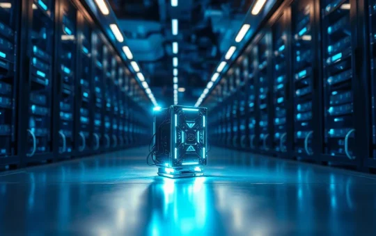Illuminated server room with a glowing quantum computing component in the foreground, representing quantum threats to blockchain cryptography