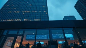 Modern South Korean bank headquarters tower at dusk with city lights reflected in the glass facade
