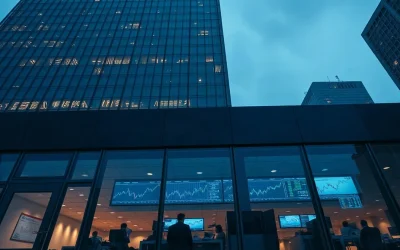 Modern South Korean bank headquarters tower at dusk with city lights reflected in the glass facade
