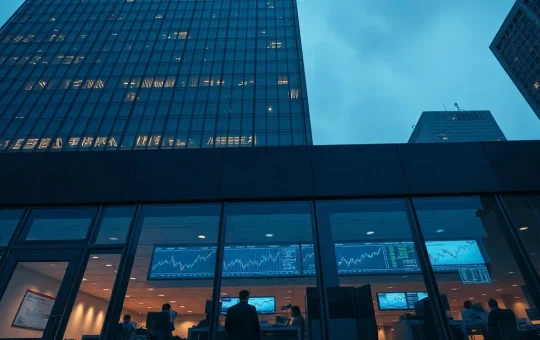 Modern South Korean bank headquarters tower at dusk with city lights reflected in the glass facade