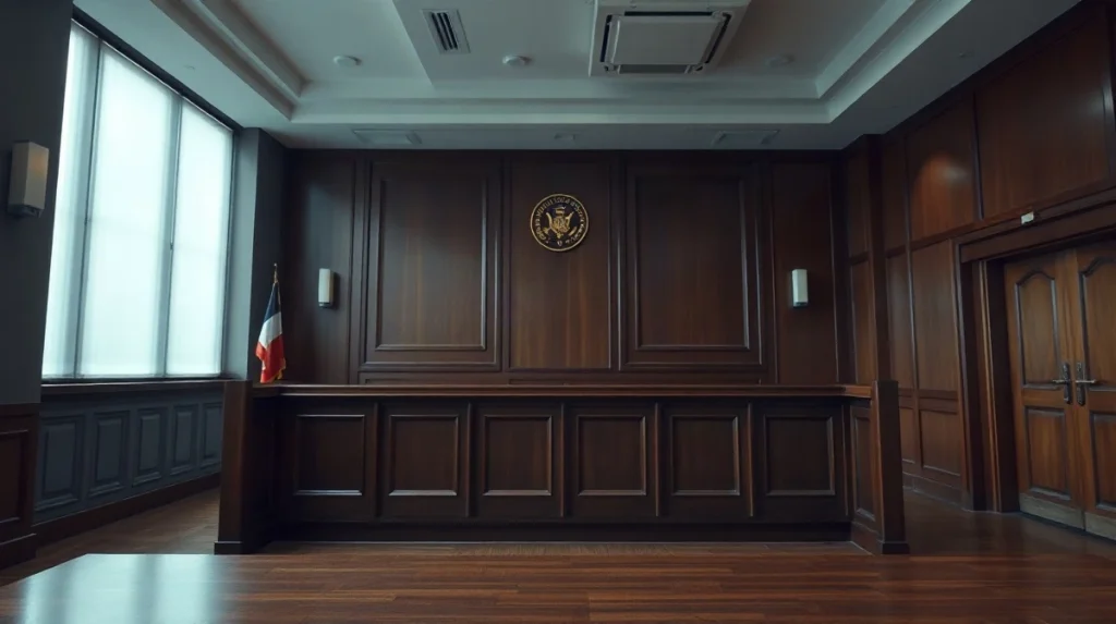Empty Hong Kong District Court courtroom with a wooden judge's bench and defendants' stand