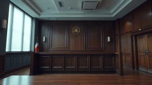 Empty Hong Kong District Court courtroom with a wooden judge's bench and defendants' stand