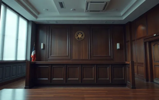 Empty Hong Kong District Court courtroom with a wooden judge's bench and defendants' stand
