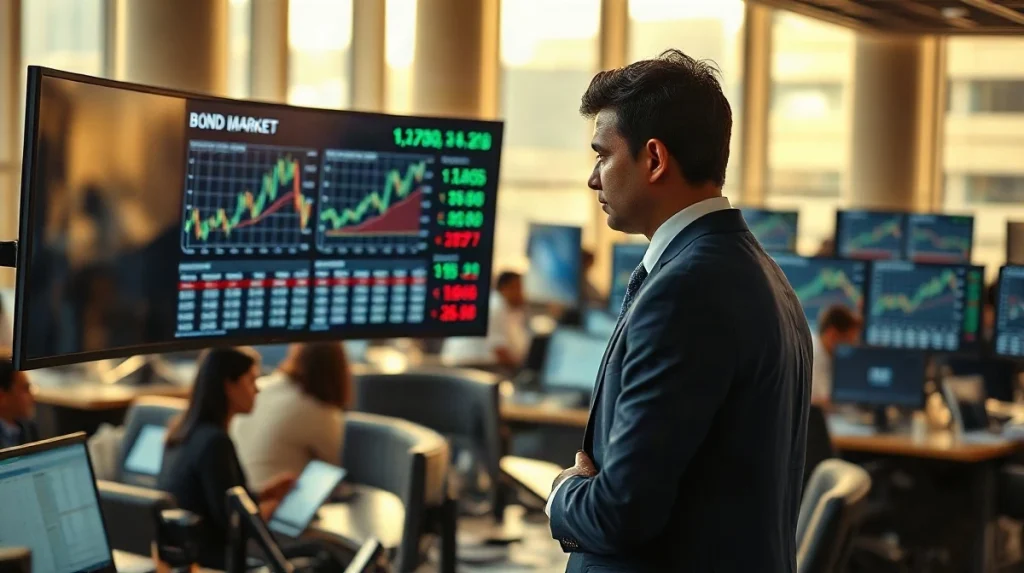 Financial professional in a Mumbai trading office reviewing bond market data on a large monitor