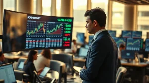 Financial professional in a Mumbai trading office reviewing bond market data on a large monitor
