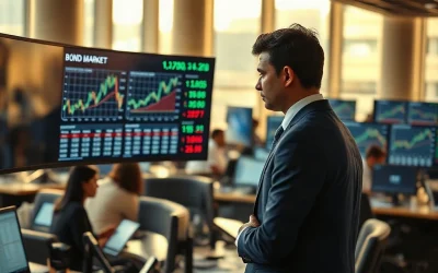 Financial professional in a Mumbai trading office reviewing bond market data on a large monitor