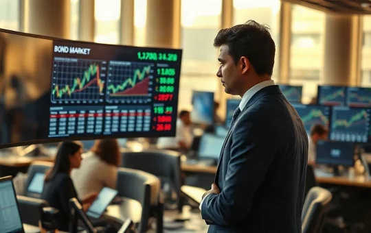 Financial professional in a Mumbai trading office reviewing bond market data on a large monitor
