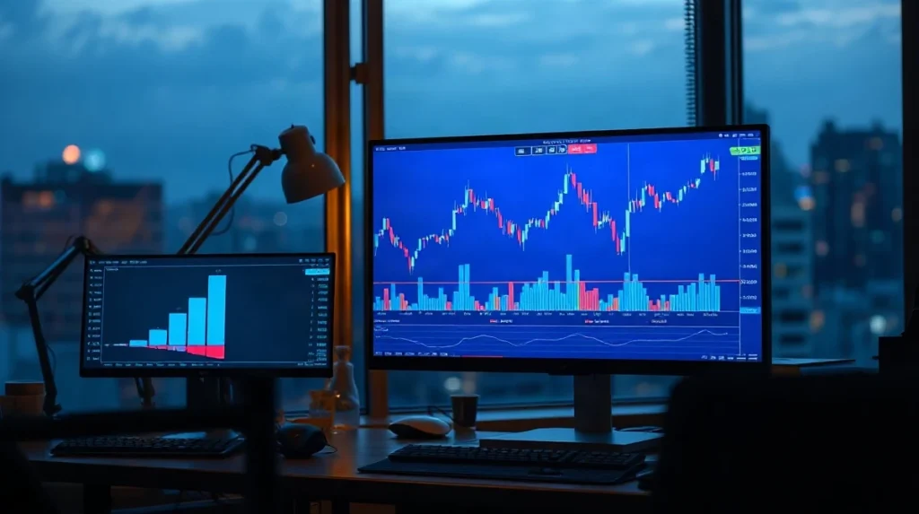 Crypto trading desk with charts comparing Web3 transaction volumes at dusk
