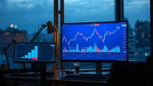 Crypto trading desk with charts comparing Web3 transaction volumes at dusk