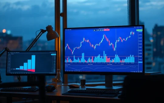 Crypto trading desk with charts comparing Web3 transaction volumes at dusk