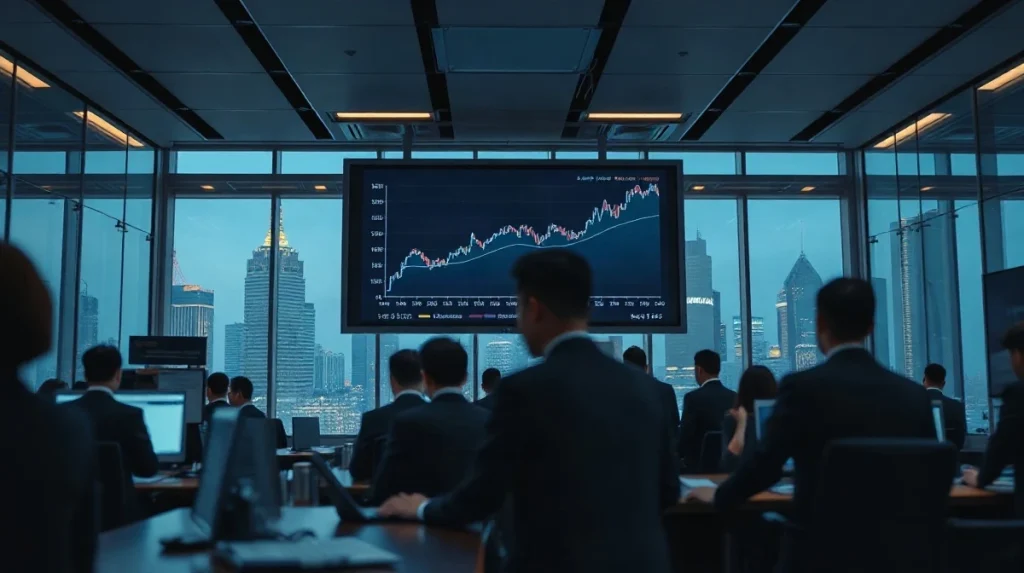 Tokyo trading floor display showing Japanese government bond yields rising