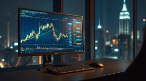 Trading monitor showing a candlestick chart and order book in a dark office at night