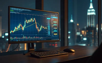Trading monitor showing a candlestick chart and order book in a dark office at night