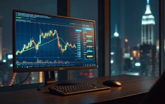 Trading monitor showing a candlestick chart and order book in a dark office at night