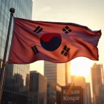 South Korean flag flying over Seoul financial district as KOSPI rises on AI chip export growth